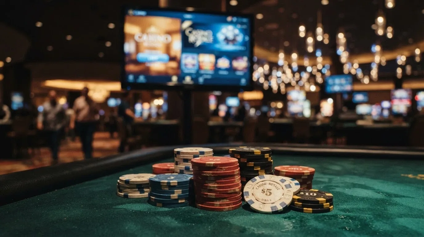 Varias fichas de casino apiladas sobre un tapete verde junto a una pantalla con el logo de Evolution Gaming al fondo