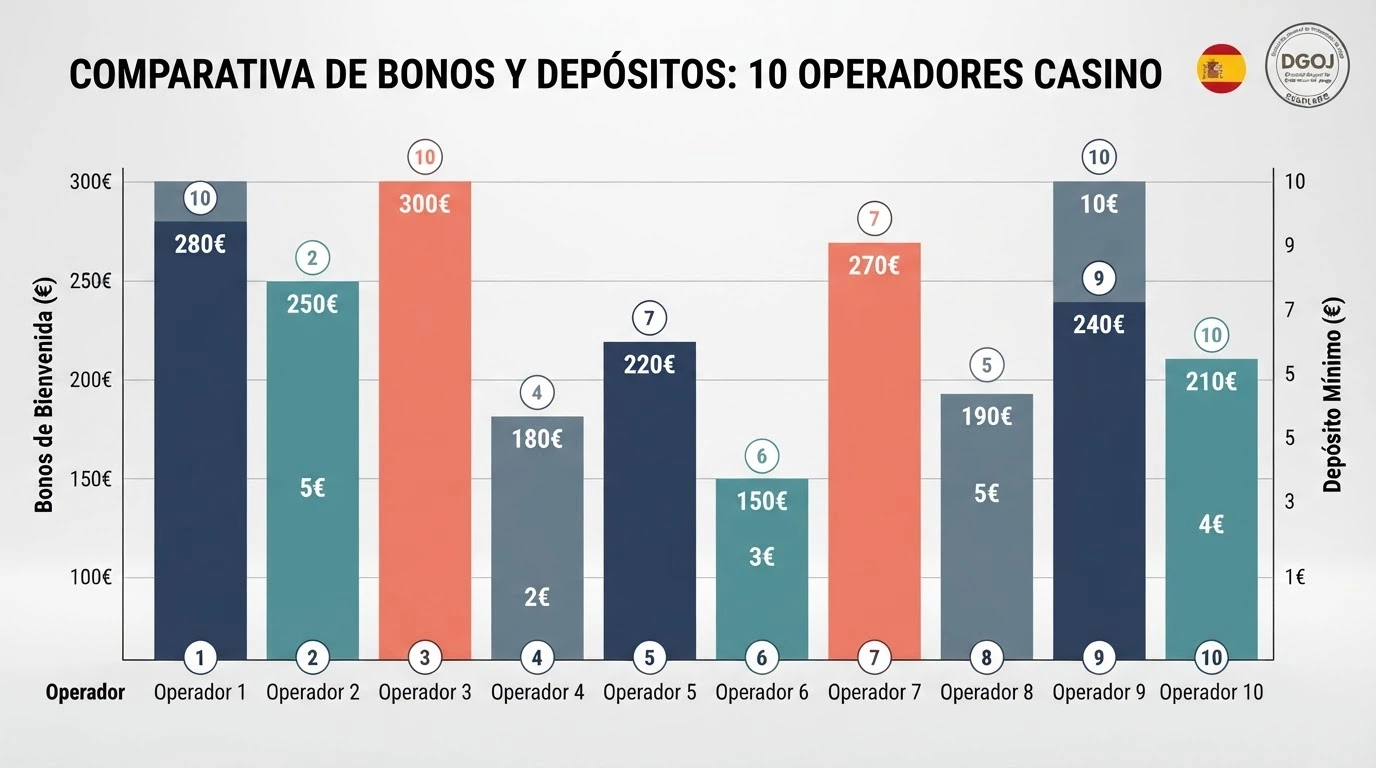 Gráfico de barras comparando los 10 operadores analizados por bono de bienvenida y depósito mínimo, con la bandera de España y el sello DGOJ