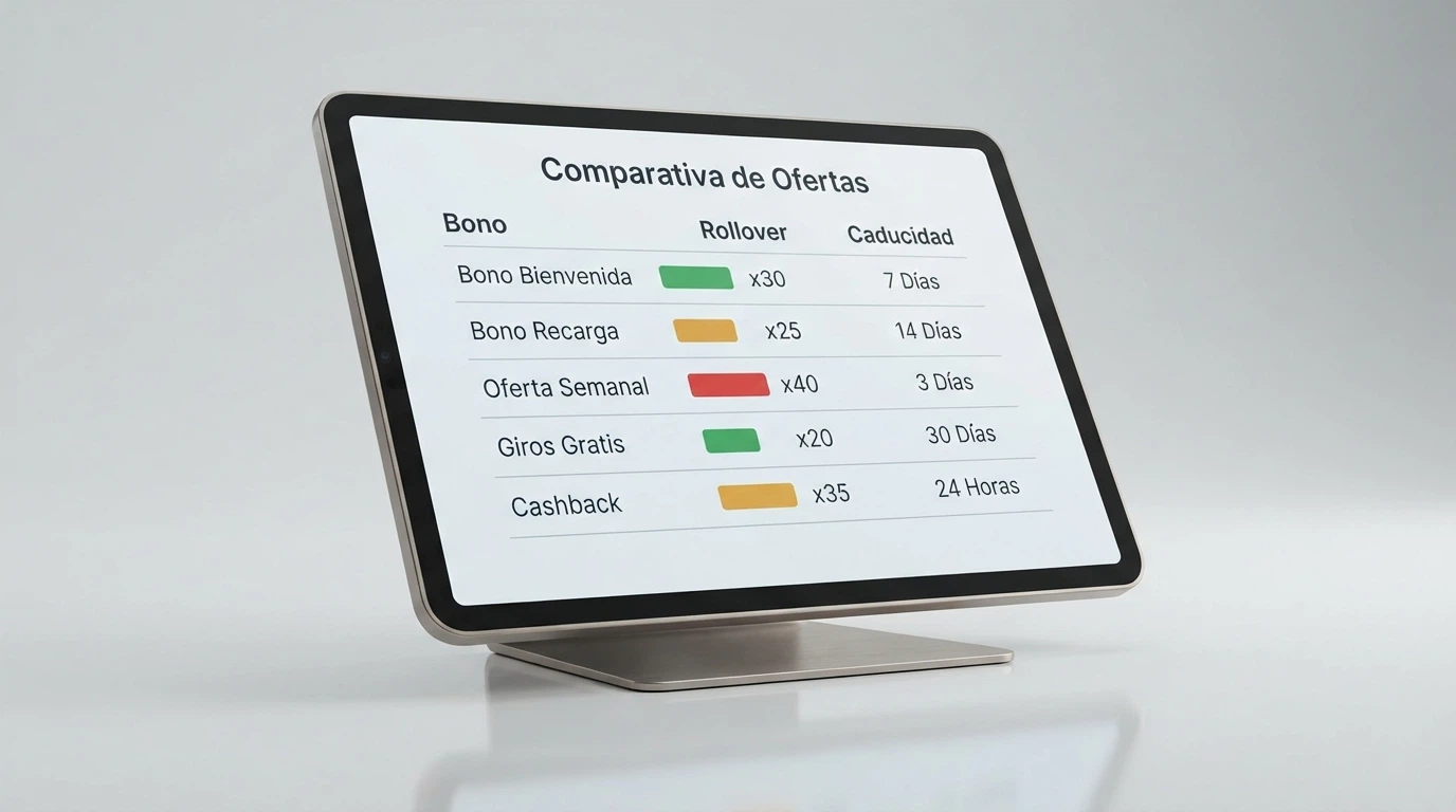 Tabla comparativa de casinos con bono sin depósito mostrando importes, rollover y caducidad