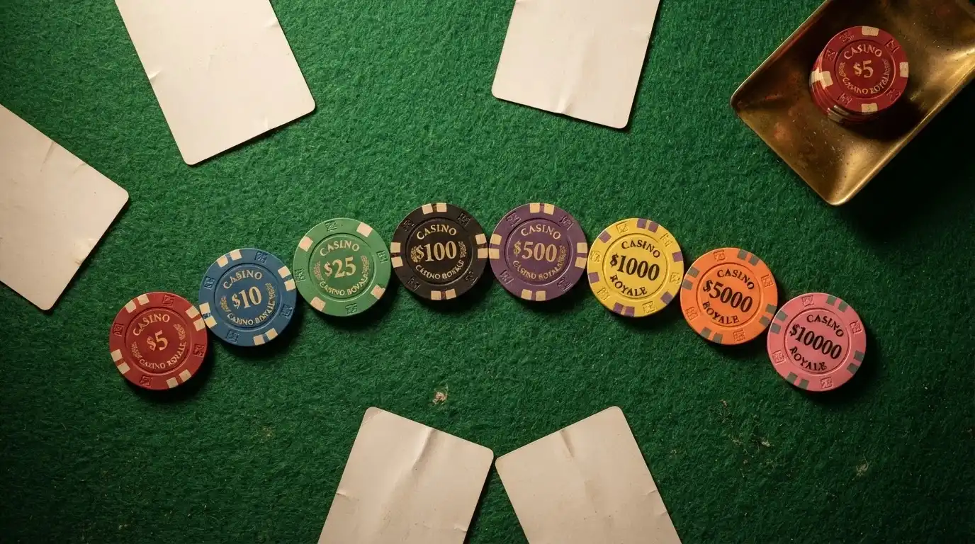 Conjunto de fichas de casino con sus datos clave de tiradas gratis ordenadas sobre una mesa de juego