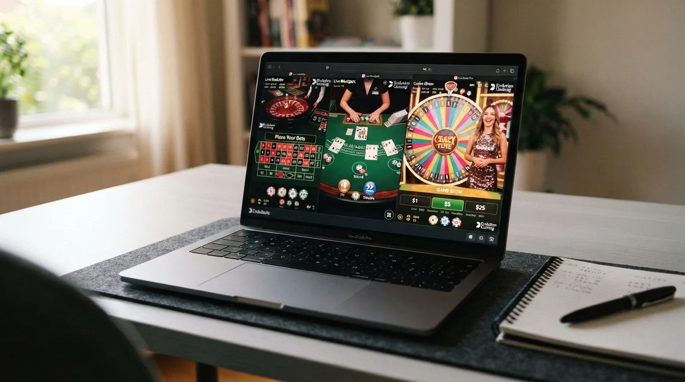 Vista comparativa de varias interfaces de casino en vivo abiertas en un ordenador portátil, mostrando distintos juegos y proveedores simultáneamente.