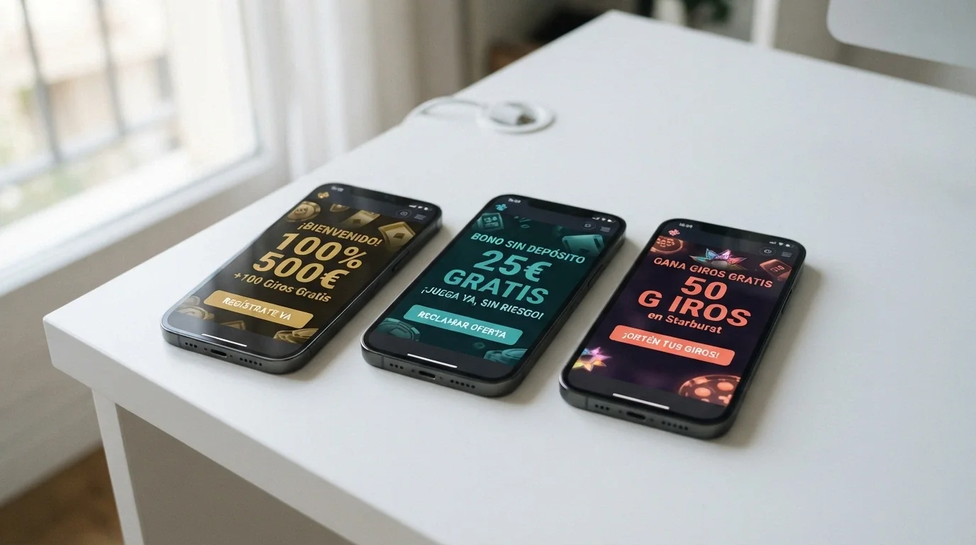 Pantalla dividida mostrando fragmentos de las páginas de ofertas de tres casinos con licencia DGOJ, con sus cifras de bono destacadas en contraste