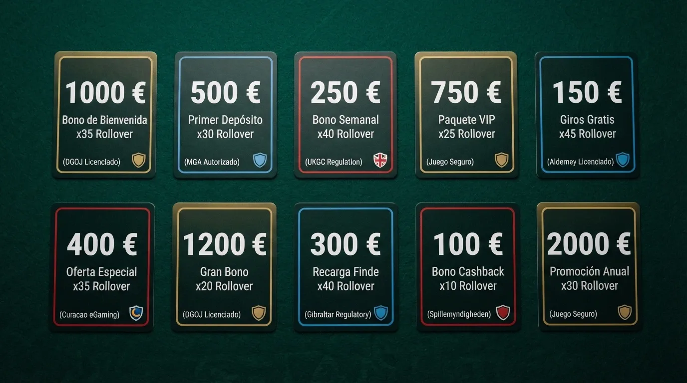 Diez tarjetas con los logotipos de los operadores comparados alineadas sobre una mesa de juego, cada una destacando su bono de bienvenida y su estado de licencia DGOJ