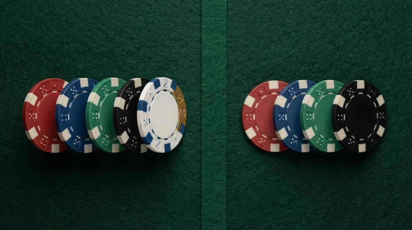 Una tabla comparativa sobre un fondo de pantalla con las fichas de casino de los operadores analizados, ordenadas en dos columnas