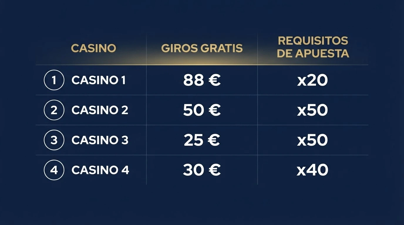 Una tabla visual con columnas de tiradas, rollover y ganancia máxima frente a los logos de los operadores destacados