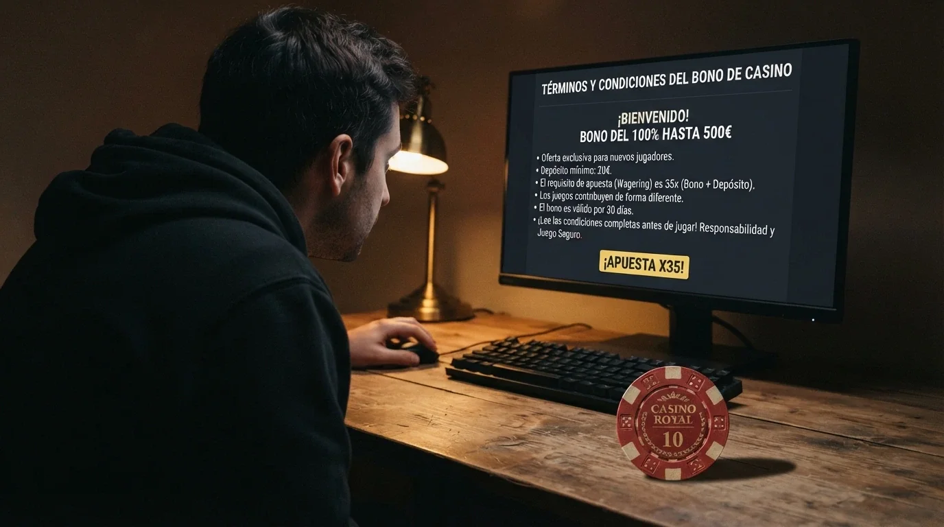 Jugador consultando los términos de un bono en la pantalla de un ordenador con gesto de atención