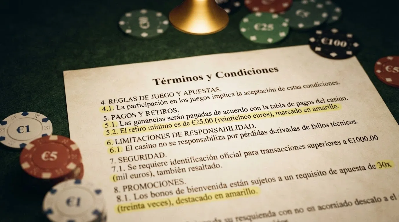 Primer plano de los términos de un bono sin depósito — requisito de apuesta, plazo de validez y límite de retirada — sobre un fondo de fichas de casino