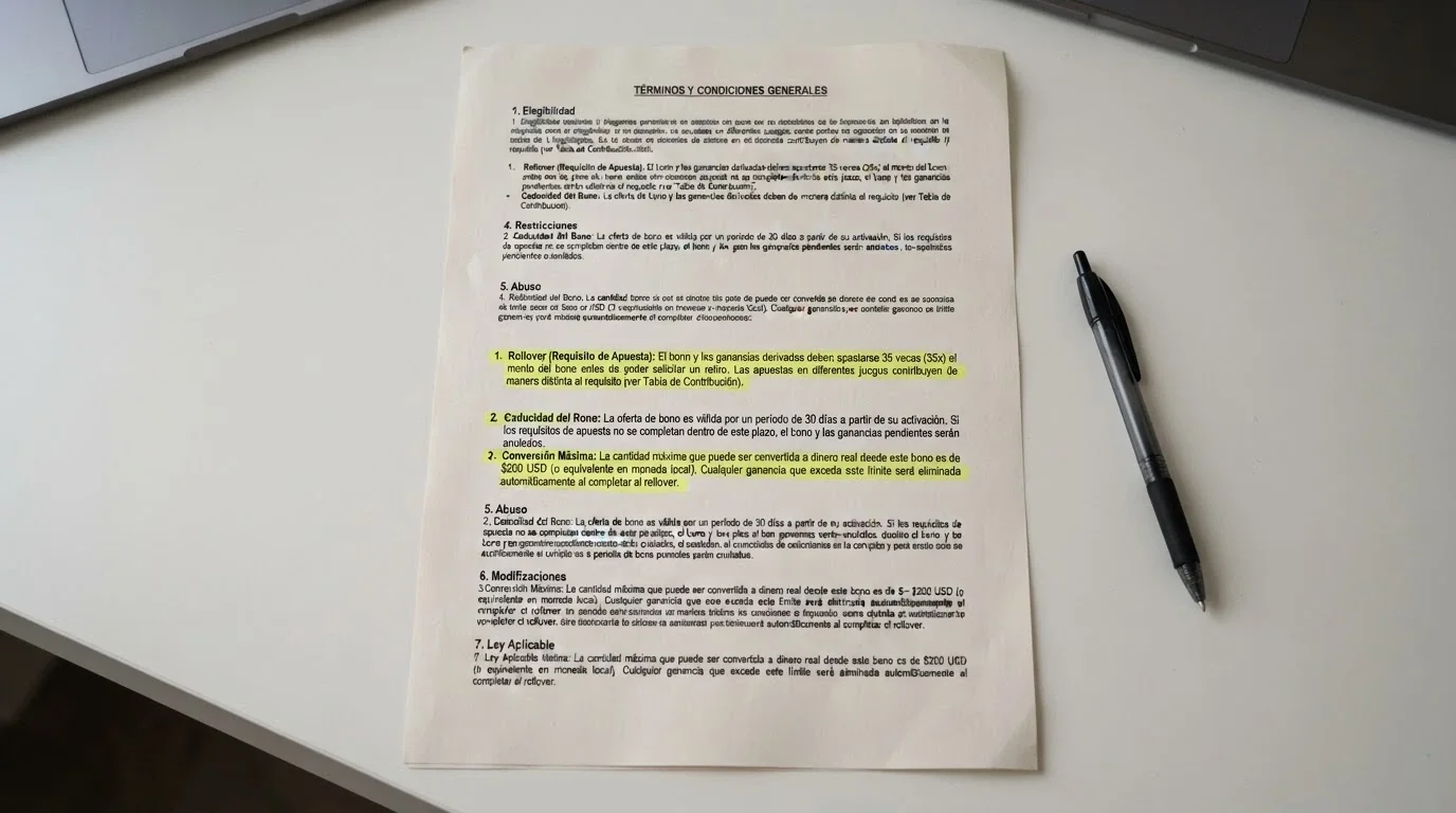 Primer plano de la letra pequeña de unos términos y condiciones de casino, con los apartados de rollover, caducidad y conversión máxima subrayados en amarillo