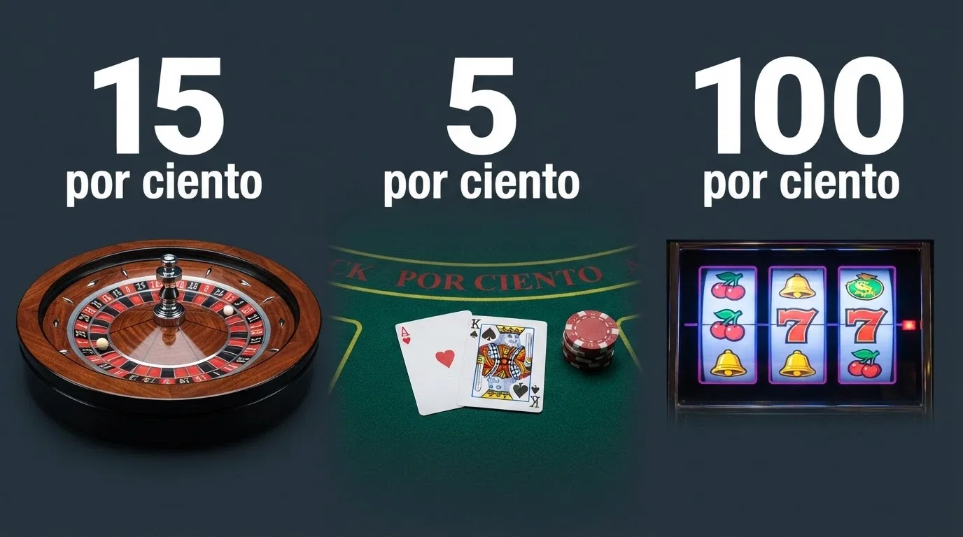 Una ruleta, una mano de blackjack y una pantalla de slot una al lado de la otra, con un porcentaje visible sobre cada una (100%, 15%, 5%)
