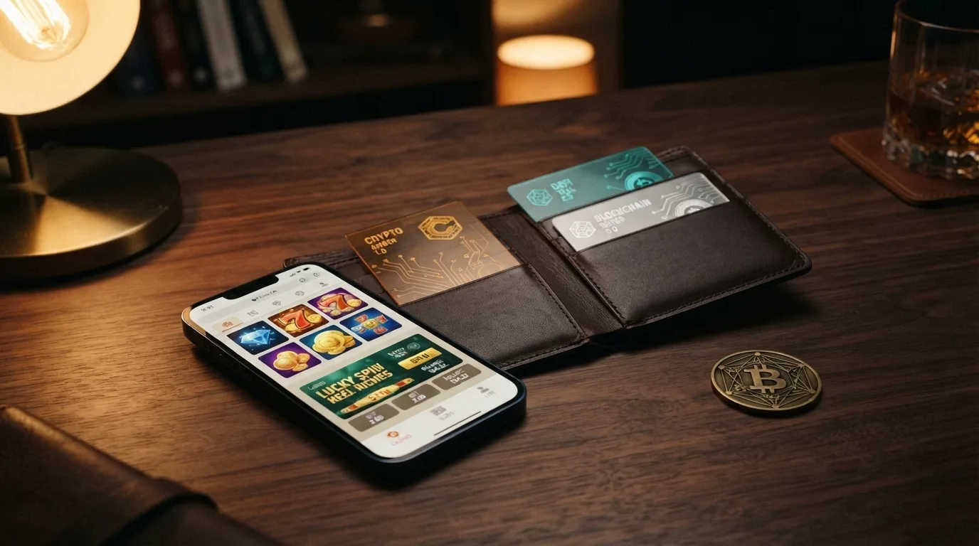 Una cartera digital mostrando saldos en Bitcoin, Ethereum y USDT junto a la interfaz de un casino online con licencia de Anjouan