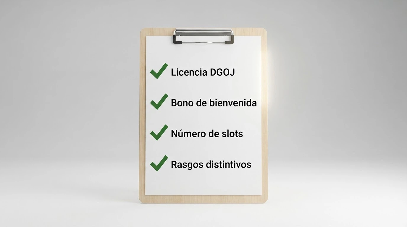 Lista de comprobación con los criterios de evaluación —licencia DGOJ, bono de bienvenida, número de slots, rasgos distintivos— marcados con un tick verde