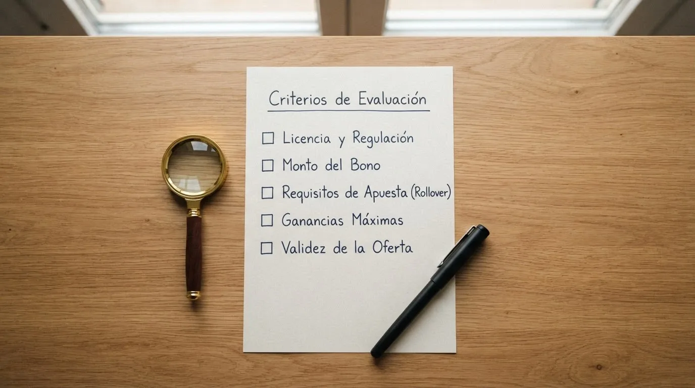 Lista de comprobación con los criterios de evaluación de un bono de bienvenida: licencia DGOJ, importe del bono, rollover, ganancia máxima y validez