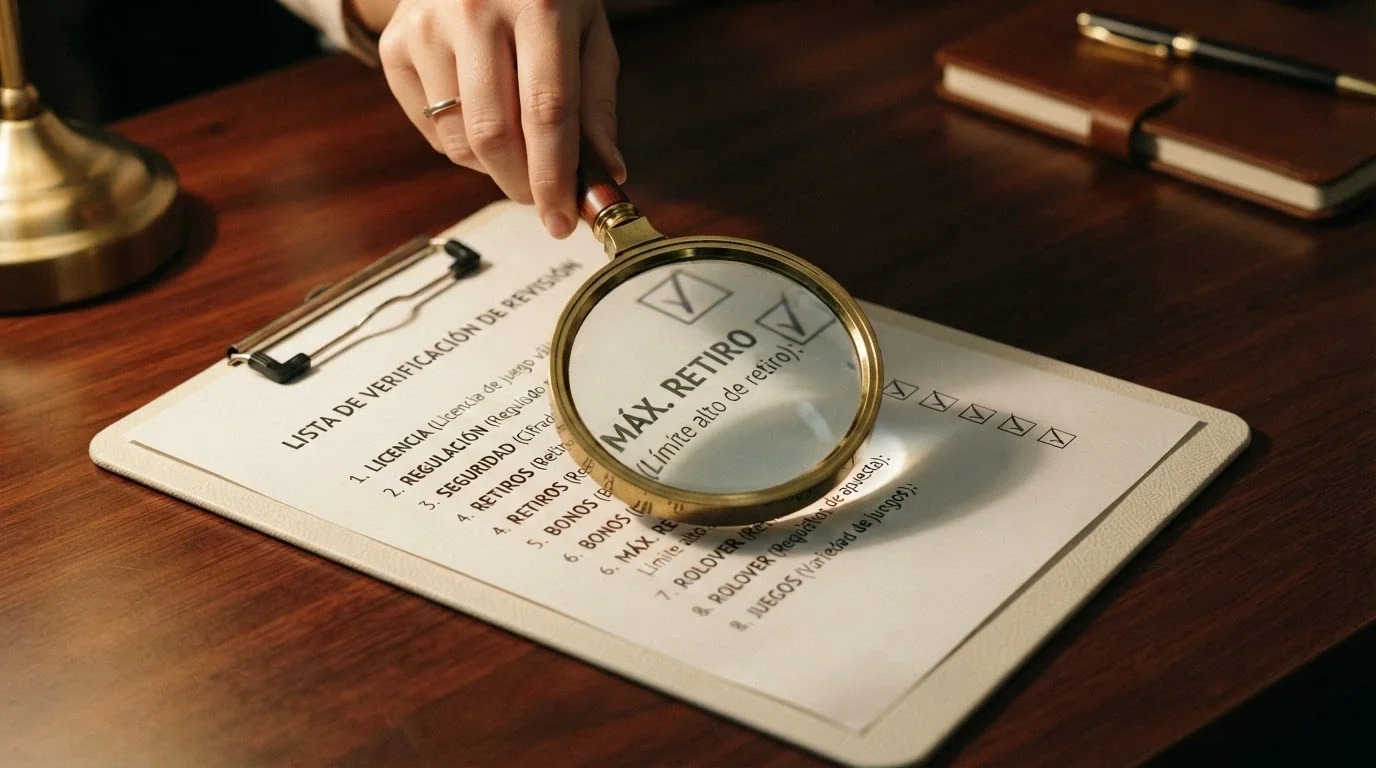 Una lupa sobre una lista de verificación con los criterios de evaluación (licencia DGOJ, rollover, ganancia máxima) marcados uno a uno