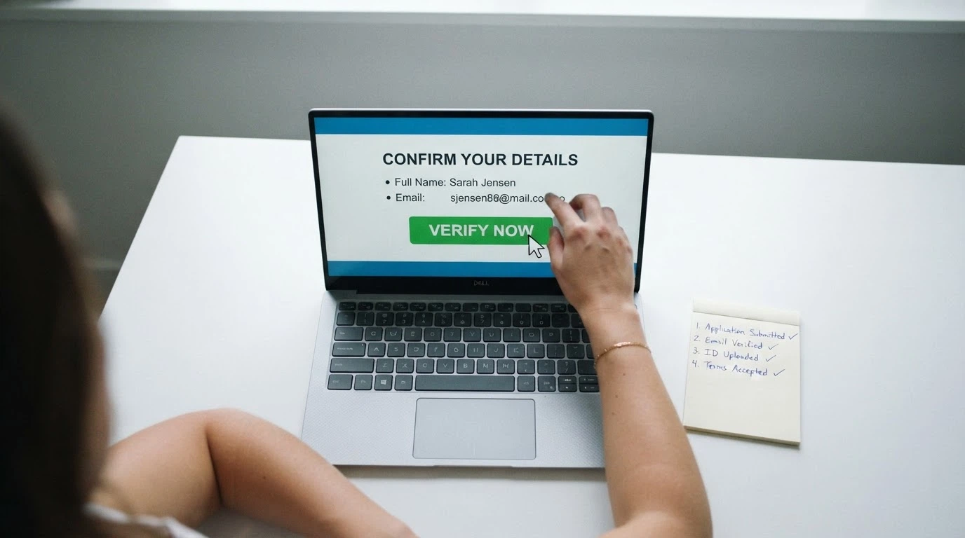 Un jugador con el cursor sobre un botón de «verificar cuenta», con un checklist completado al lado: leer términos, comprobar .es, verificar identidad, fijar límite