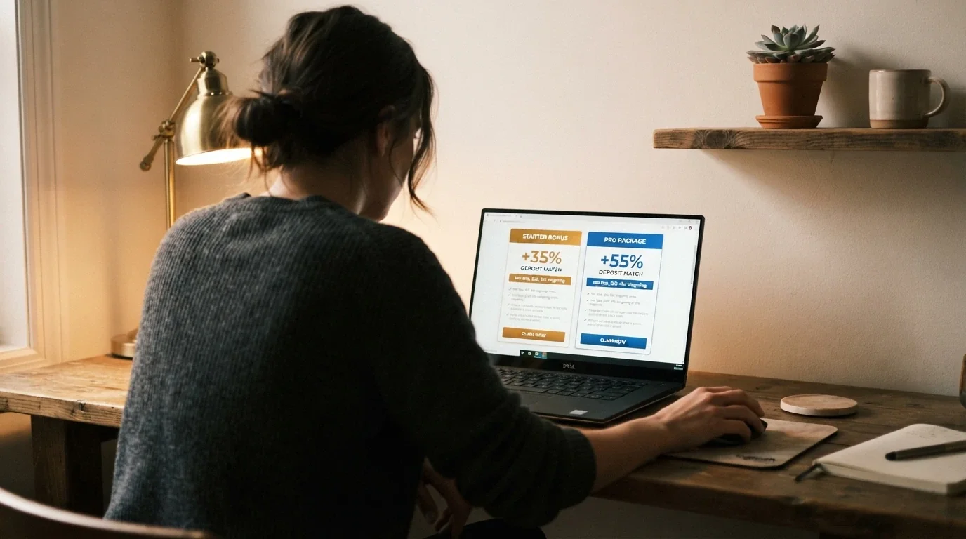 Un jugador frente a la pantalla comparando dos ofertas de bono una al lado de la otra, con las diferencias de rollover y validez resaltadas