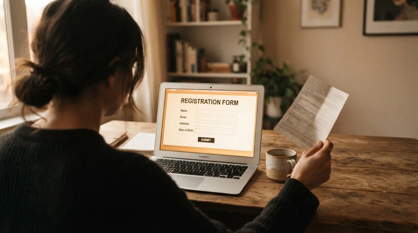 Un jugador frente a la pantalla de registro de un casino online, con un documento de identidad en la mano y una expresión de duda