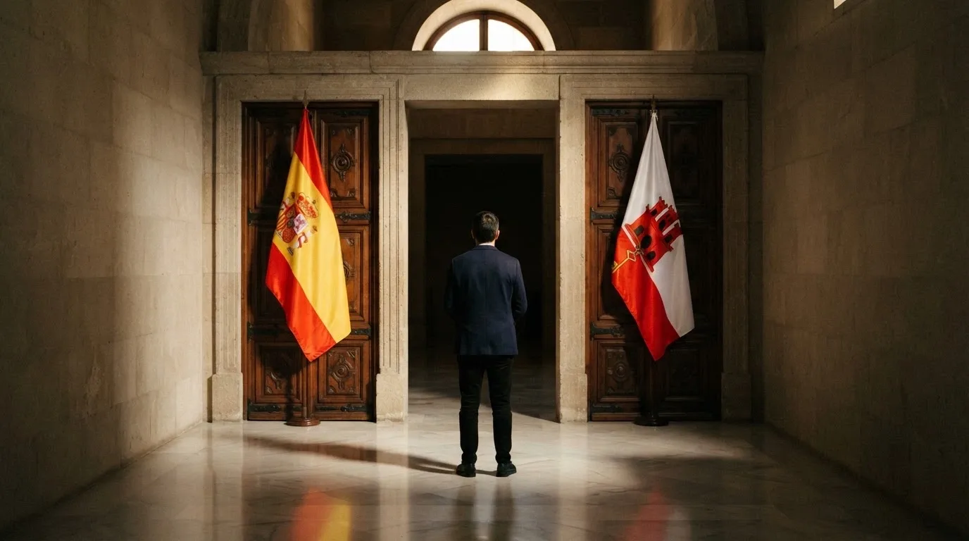 Un jugador español sentado frente a dos puertas simbólicas, una con la bandera de España y otra con la de Gibraltar, evaluando cuál cruzar