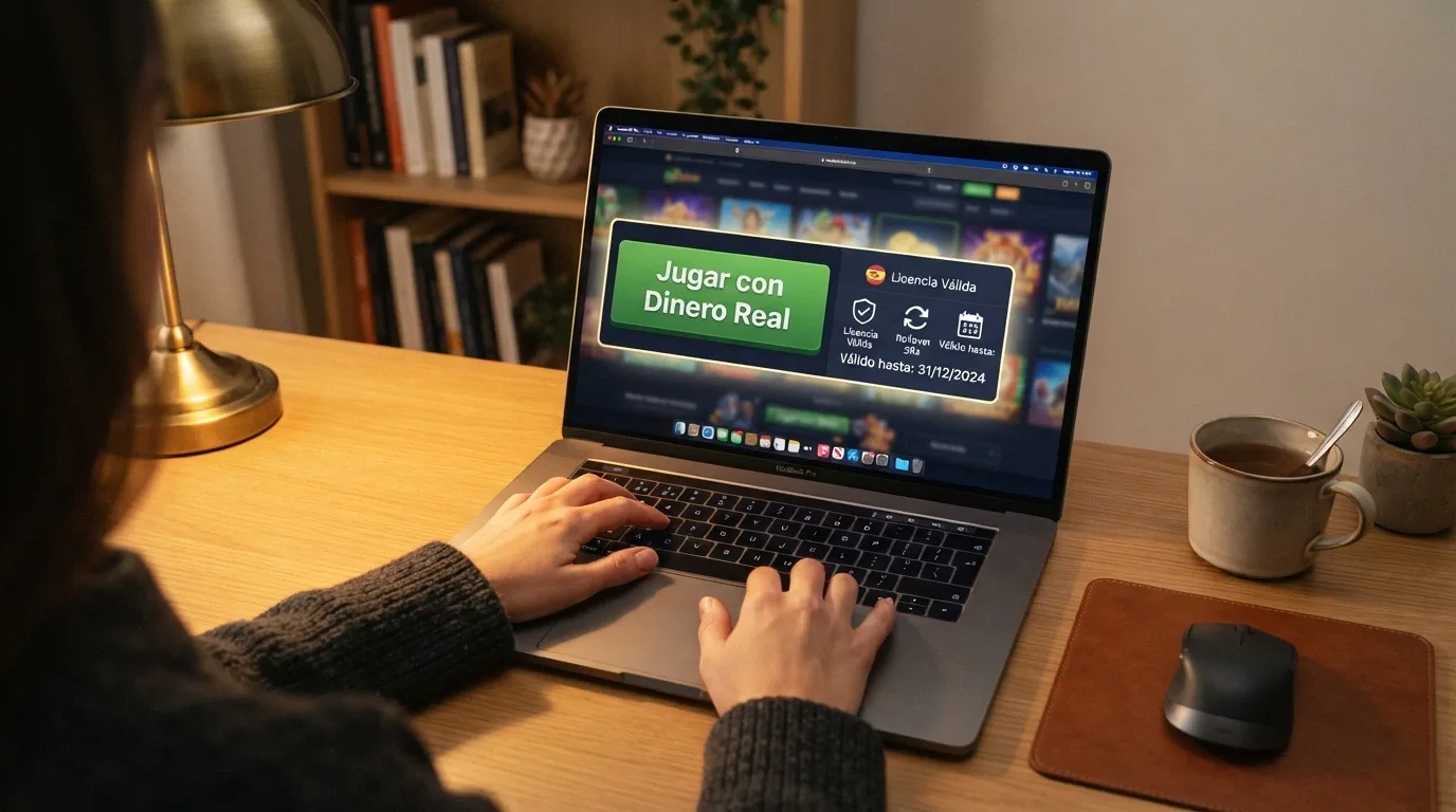 Manos de un jugador sobre el teclado, en la pantalla el botón de «jugar con dinero real» junto a un resumen visual de los criterios de elección (licencia, rollover, vigencia), composición sobria