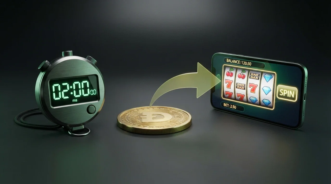 Un cronómetro digital marcando 02:00 junto al icono de Bitcoin Cash y una flecha que apunta hacia una pantalla de casino