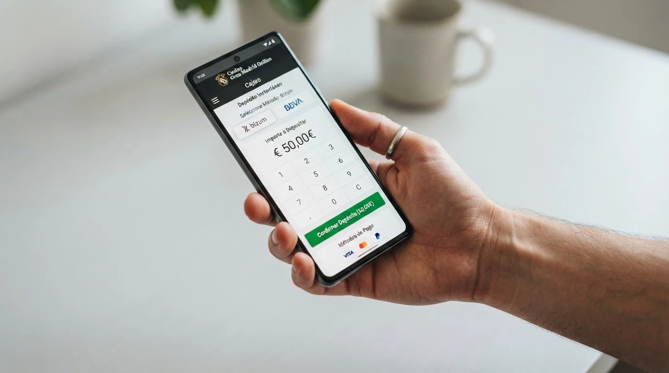 La pantalla de un móvil mostrando el cajero de un casino online con el campo de importe, el icono de tarjeta Visa y la confirmación de depósito instantáneo