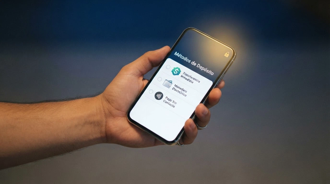 Mano sujetando un teléfono móvil con la pantalla mostrando una lista de métodos de pago (Bizum, PayPal, Apple Pay) junto a un icono de candado de seguridad