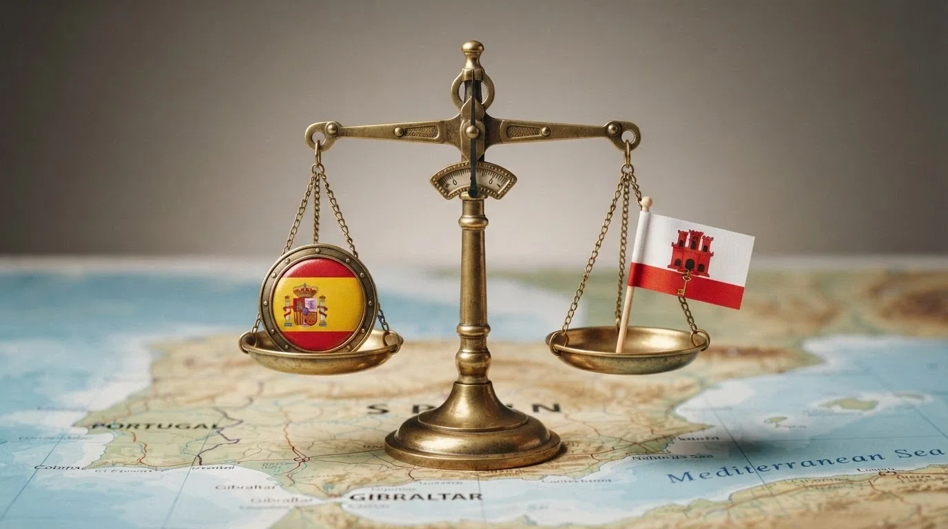 Una balanza simbólica con el escudo de la DGOJ en un platillo y la bandera de Gibraltar en el otro, sobre un mapa de España