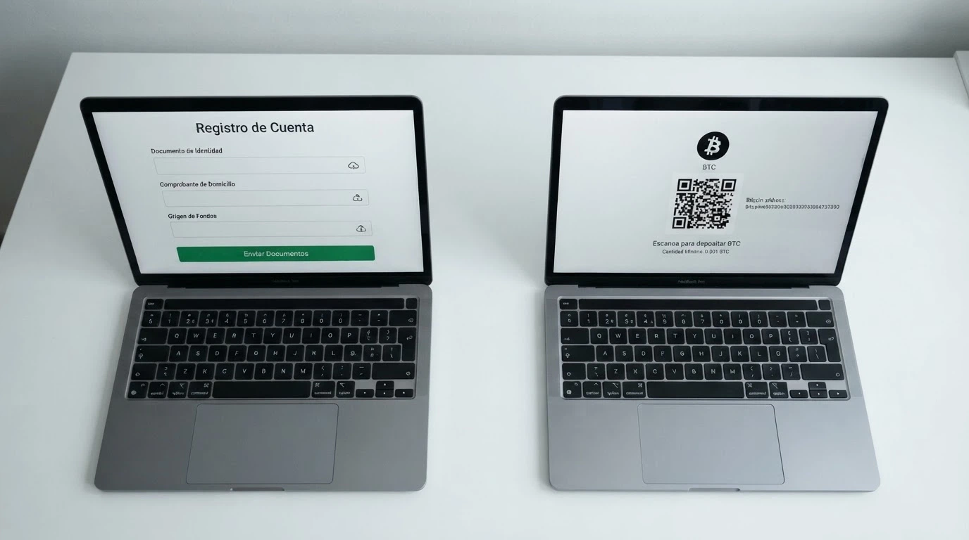 Dos pantallas enfrentadas: a la izquierda un formulario de verificación con DNI y factura; a la derecha un depósito en criptomonedas sin documentos