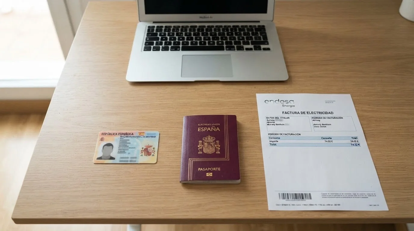 Documento nacional de identidad español, pasaporte y una factura de suministro sobre una mesa junto a un ordenador