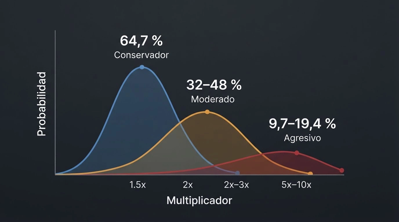 Gráfico con tres curvas de multiplicador de Aviator señalando los puntos de salida conservador (1,5x), moderado (2-3x) y agresivo (5-10x)