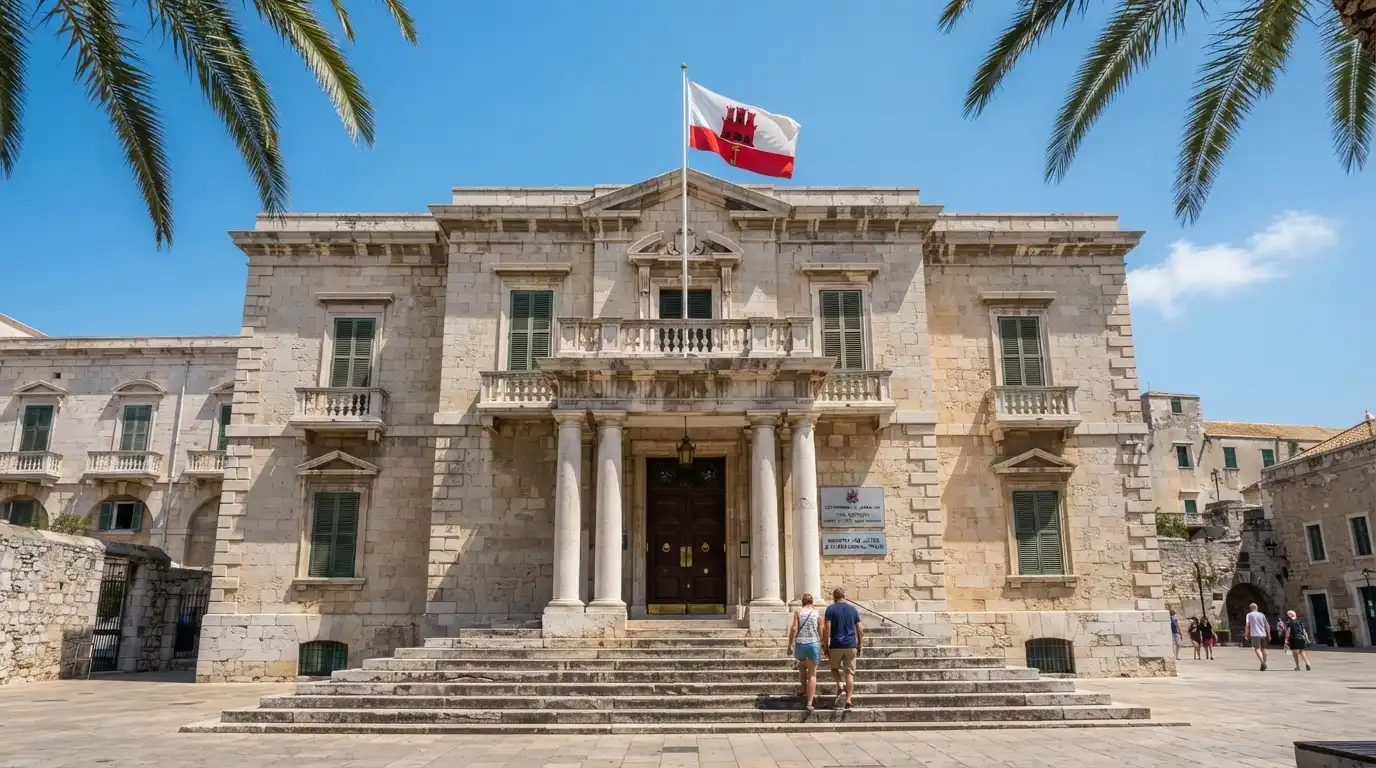 Fachada del edificio gubernamental de la Gambling Division en Gibraltar, con la bandera gibraltareña ondeando en la entrada