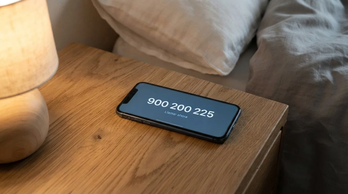 Un teléfono móvil mostrando el número 900 200 225 en pantalla junto al logotipo de FEJAR