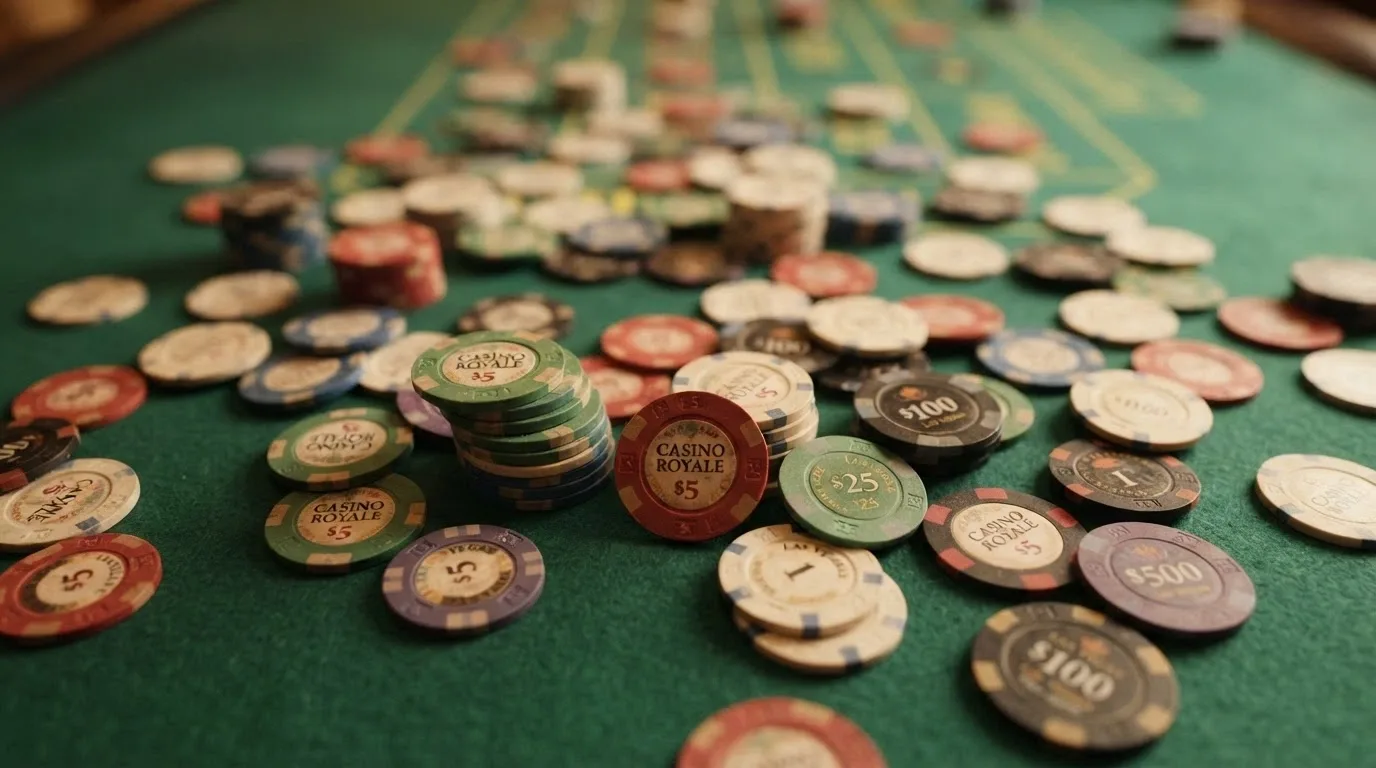Fichas de juego ficticias sobre una mesa de casino en vivo