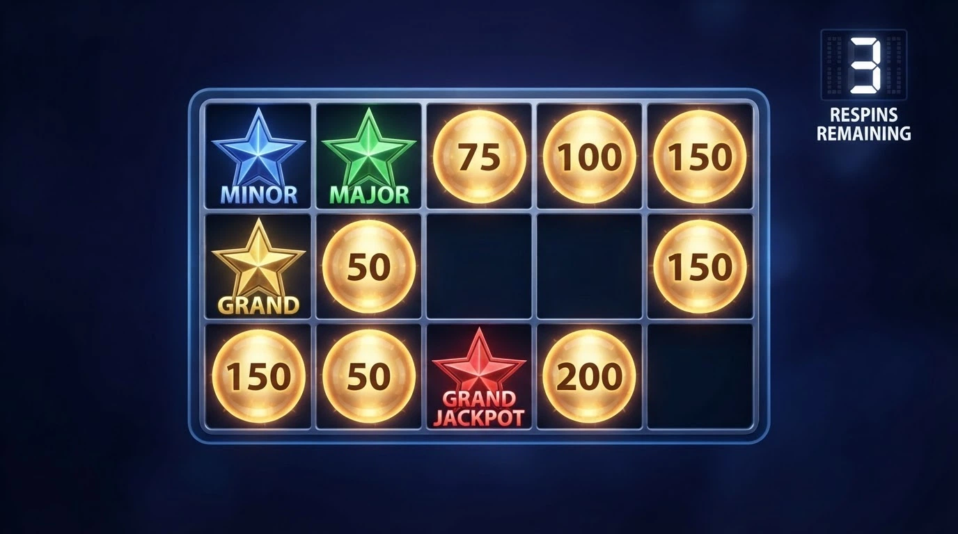 Recreación de la cuadrícula 5×3 durante la ronda Hold and Respin con símbolos de bonus fijos, estrellas de jackpot y el contador de respins