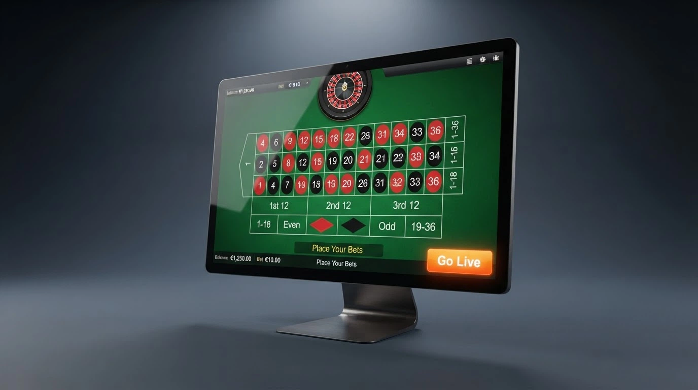 Interfaz del juego First Person de Evolution con el botón «Go Live» destacado y la mesa de ruleta renderizada en 3D