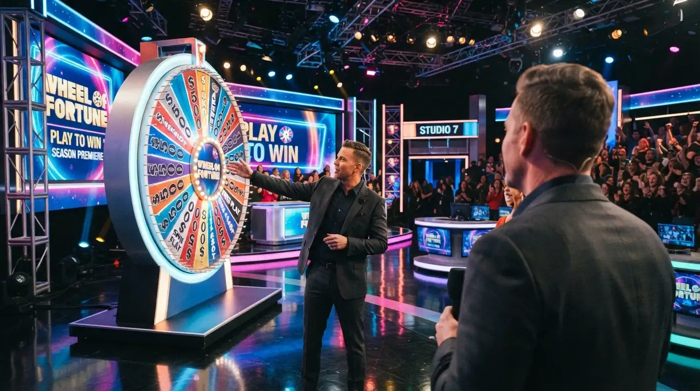 Presentador de un game show de Evolution en un estudio con rueda de la fortuna y pantallas interactivas de colores