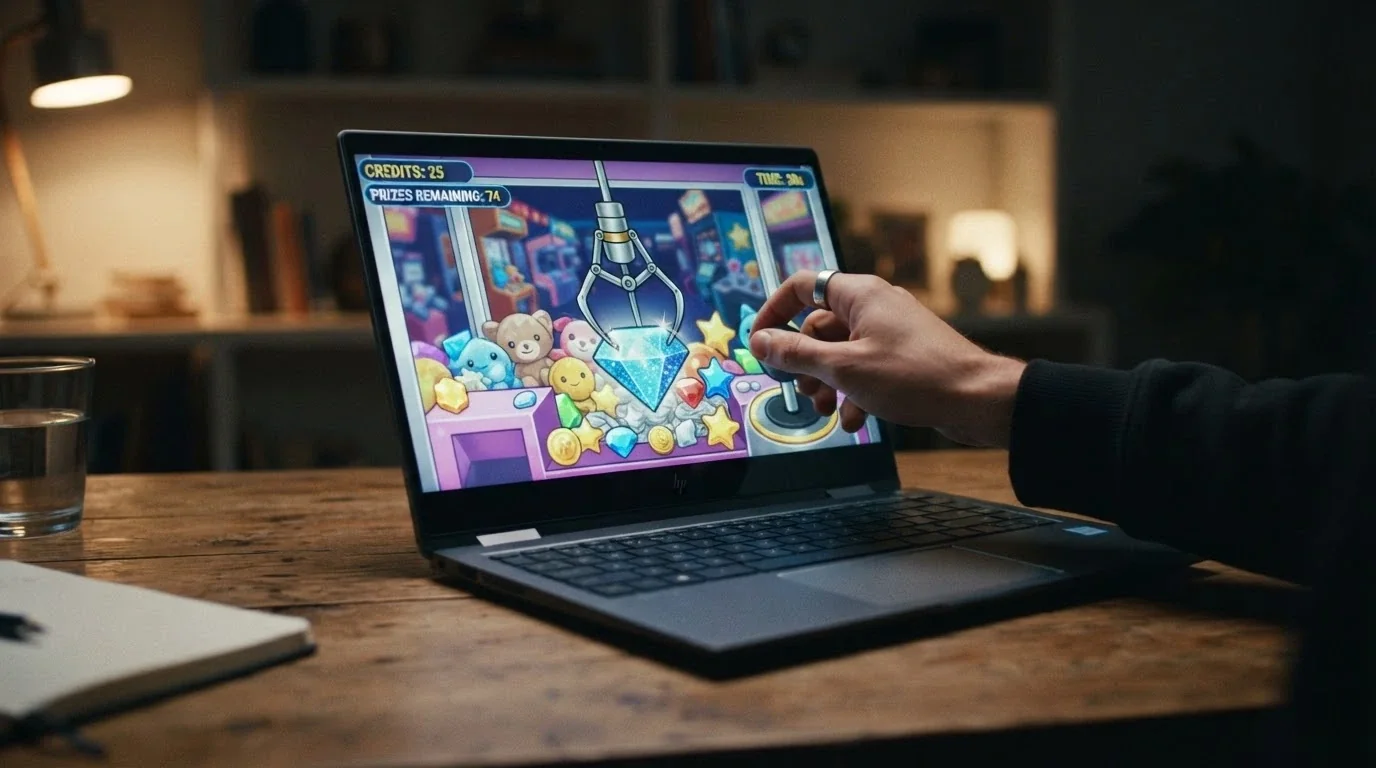Una mano maneja el joystick de una máquina de garras virtual en la pantalla de un ordenador mientras un juguete con forma de diamante se acerca a la zona de captura