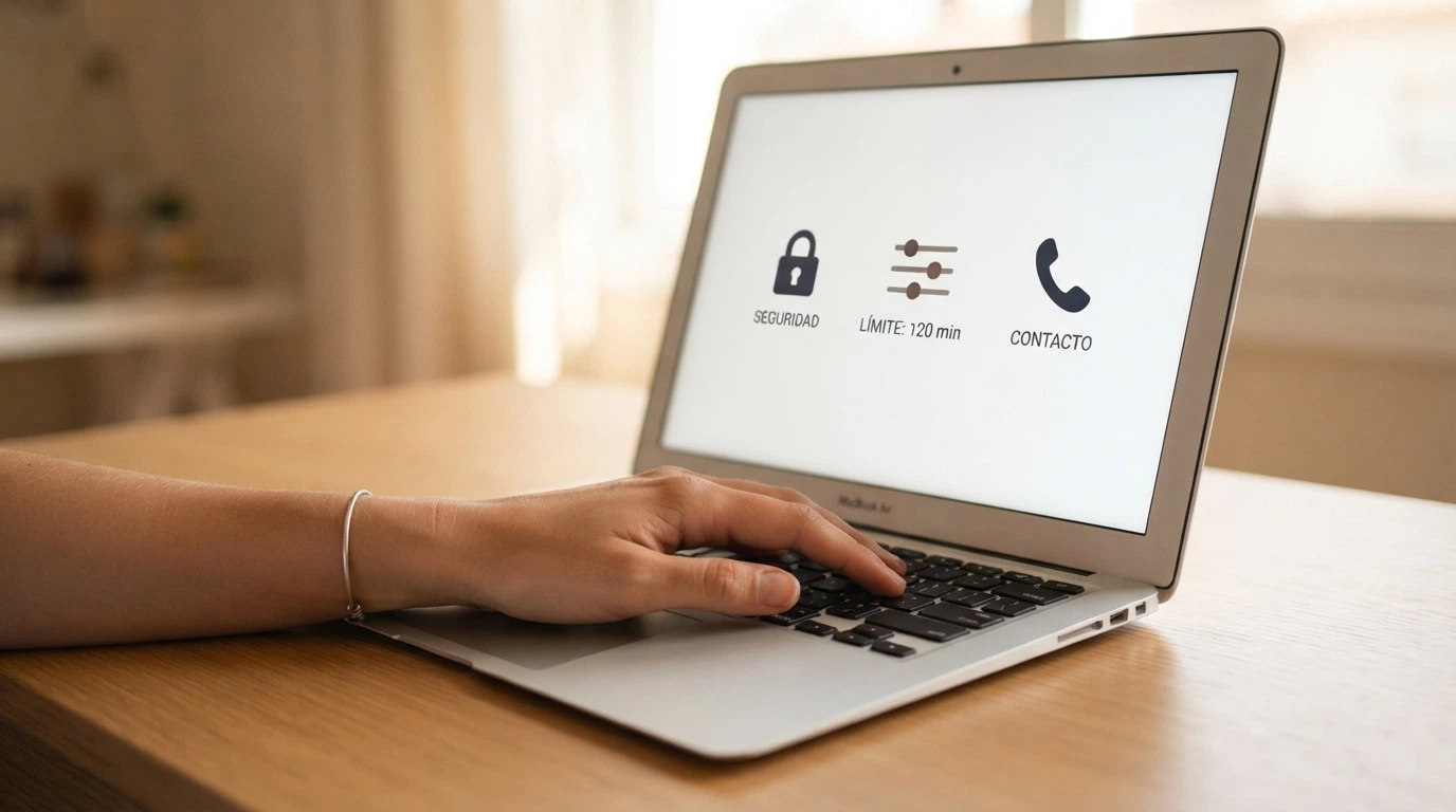 Mano sobre un teclado con tres iconos flotantes: un candado (RGIAJ), un límite numérico (límite de depósito) y un teléfono con el texto «asistencia gratuita»