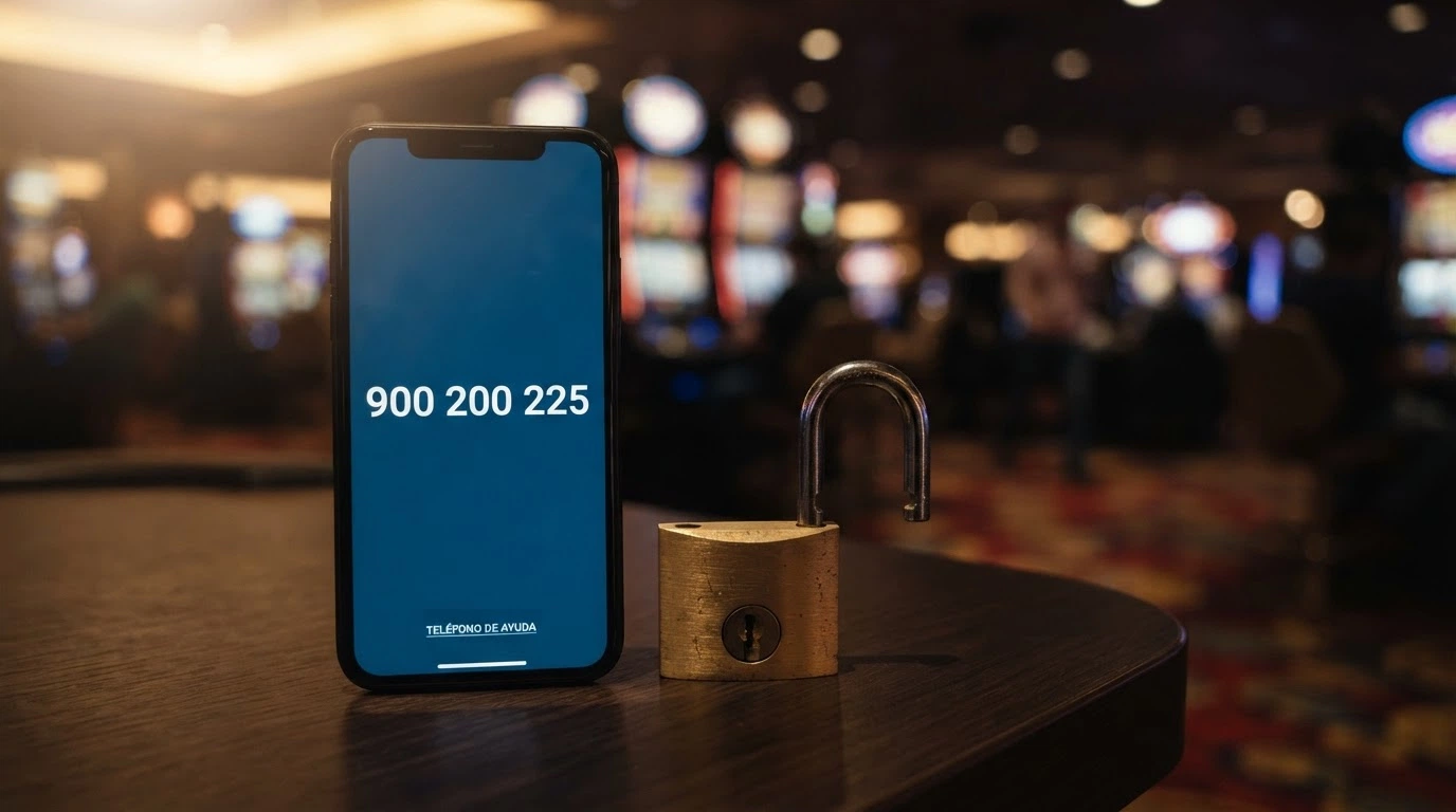 Un teléfono con el número 900 200 225 en pantalla y, al lado, un candado abierto sobre un fondo que difumina la interfaz de un casino