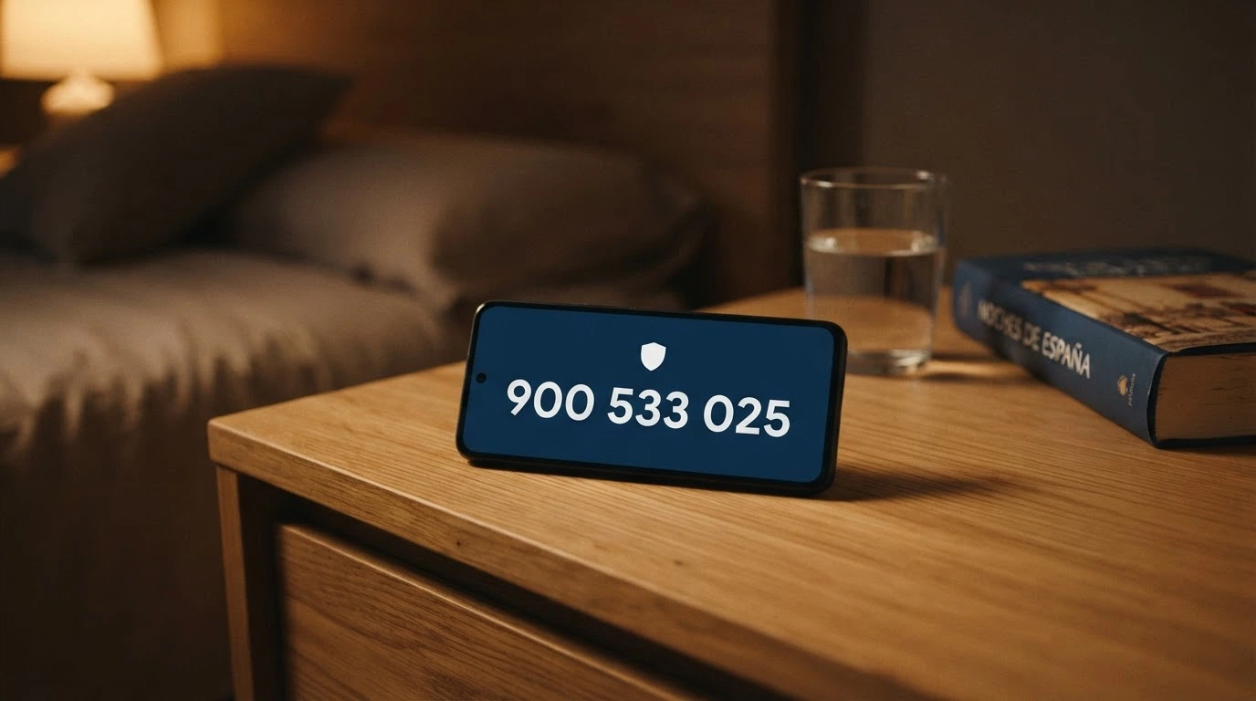 Teléfono móvil con el número 900 533 025 en pantalla junto al logotipo de la DGOJ y el texto «juego responsable»
