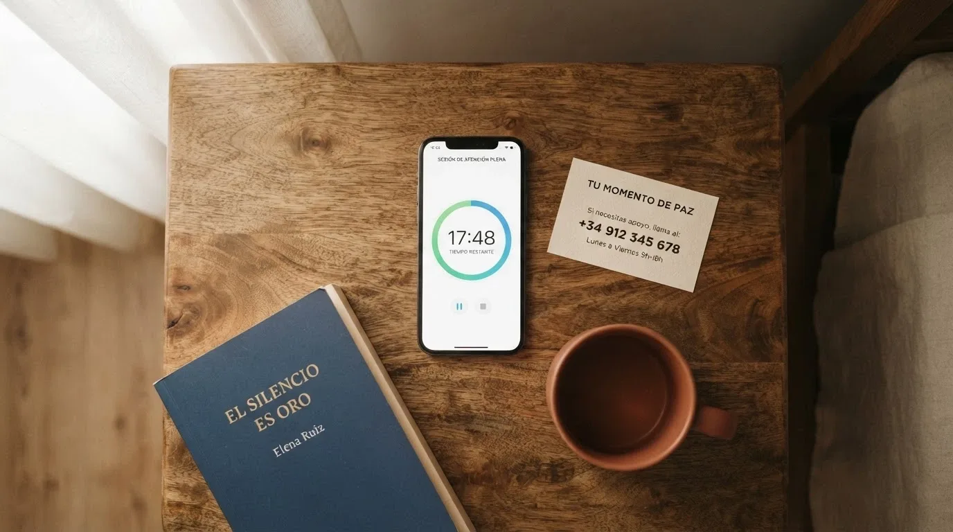 Temporizador de límite de sesión en la pantalla de un móvil junto a una tarjeta con el teléfono de ayuda