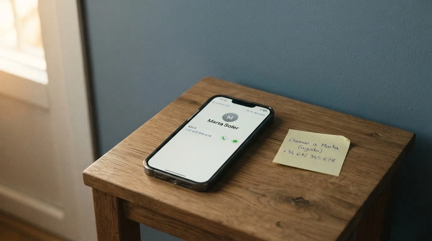 Un teléfono fijo junto a una nota con los números de ayuda de la DGOJ y el logo del RGIAJ, sobre un fondo sobrio de tonos azules