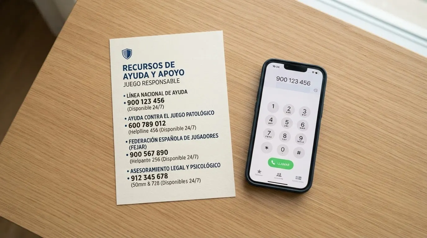 Tarjeta con los teléfonos y recursos de ayuda: DGOJ, FEJAR y RGIAJ, junto a un teléfono móvil con el teclado visible