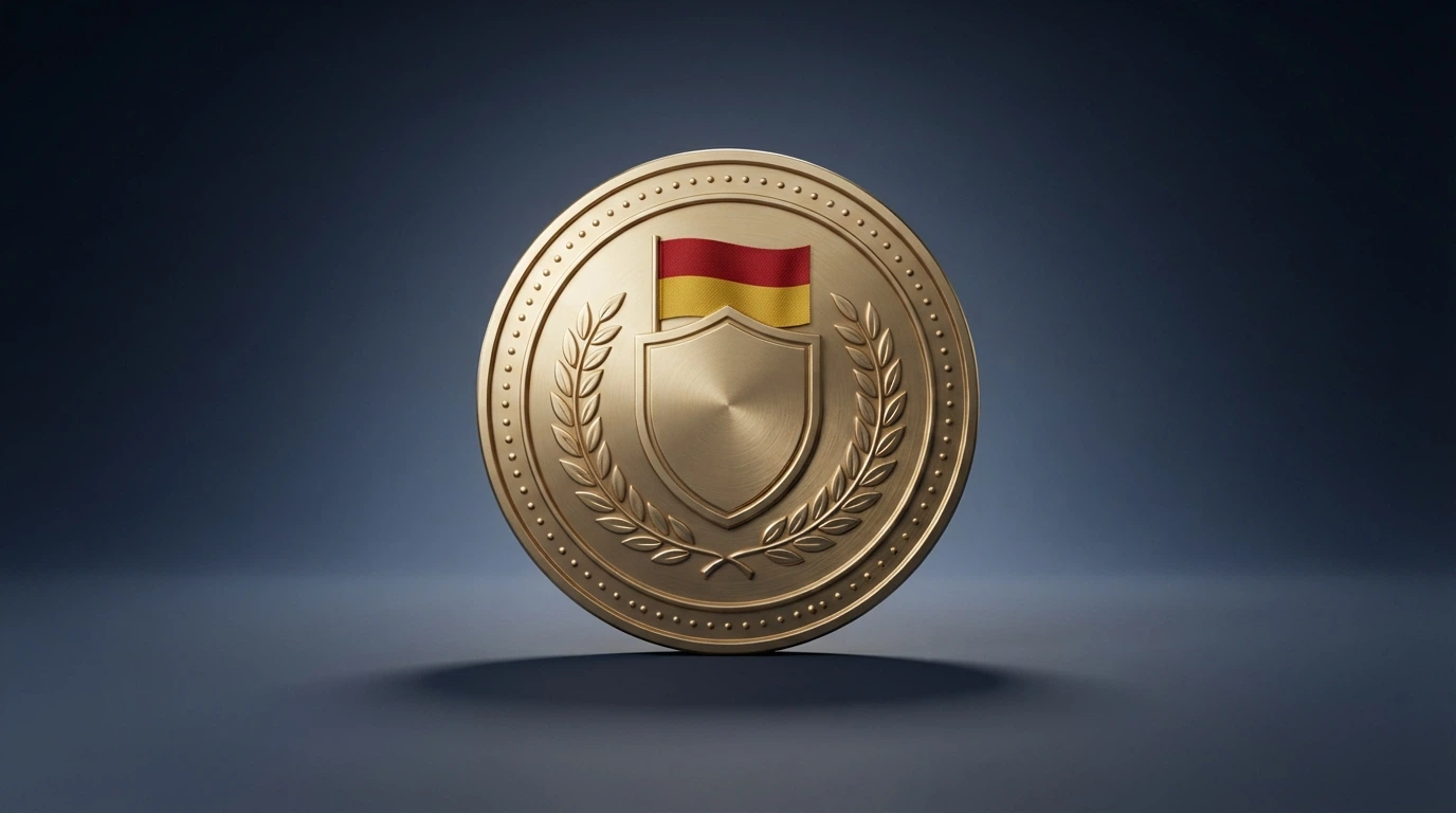 Un sello o escudo oficial estilizado con las siglas DGOJ y la bandera de España, sobre un fondo de tonos institucionales
