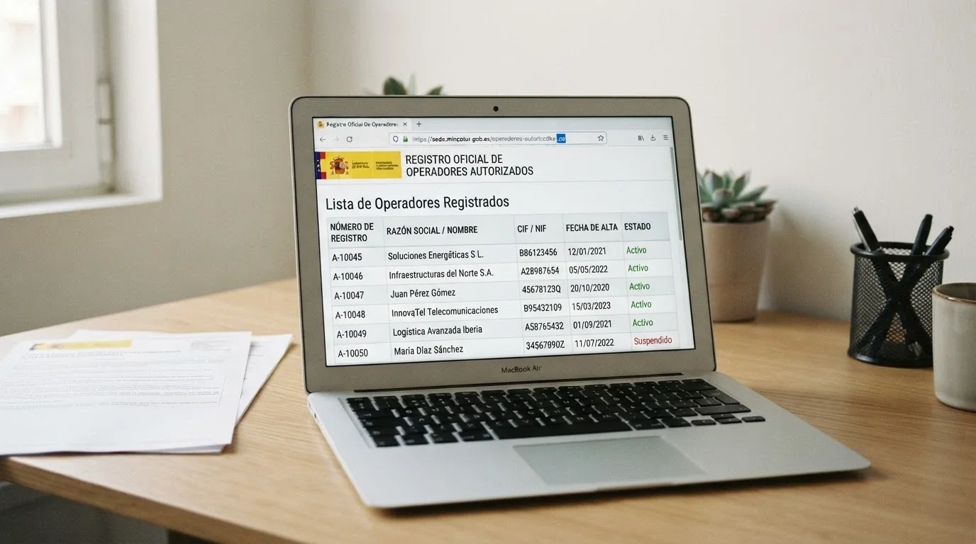 Pantalla del registro público de la DGOJ en ordenacionjuego.es con el listado de operadores autorizados y el dominio .es resaltado en la barra de direcciones