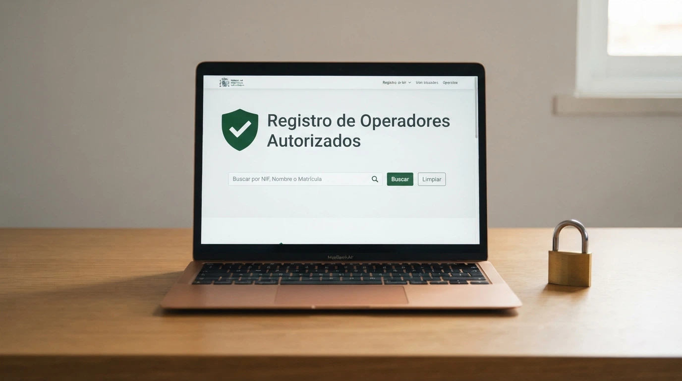 Primer plano de la pantalla de un ordenador con la web ordenacionjuego.es abierta y el buscador de operadores autorizados, junto a una tarjeta con el texto «Licencia DGOJ» y un candado