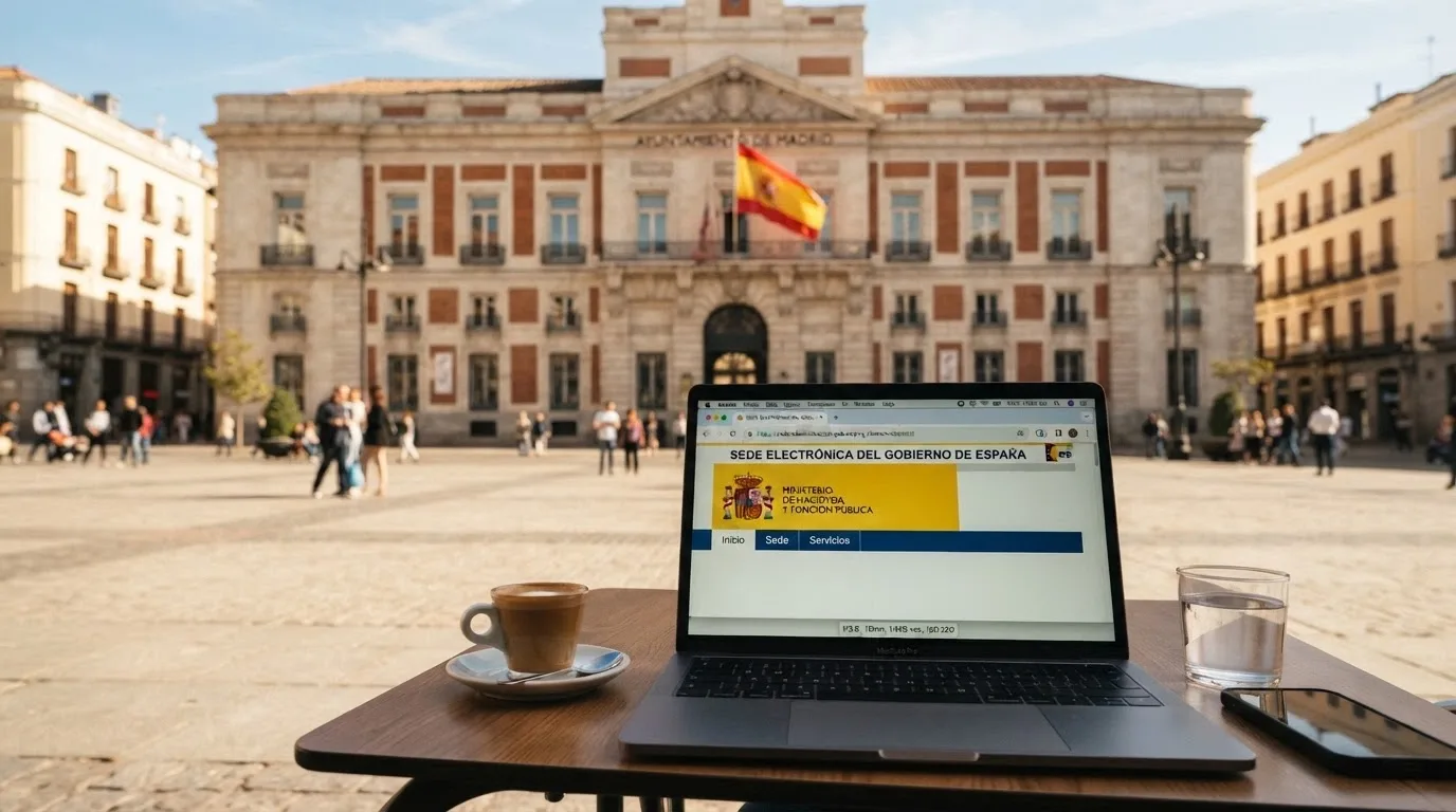 La fachada de un edificio institucional con la bandera de España y la pantalla de un ordenador mostrando el dominio .es en la barra del navegador y un candado de seguridad