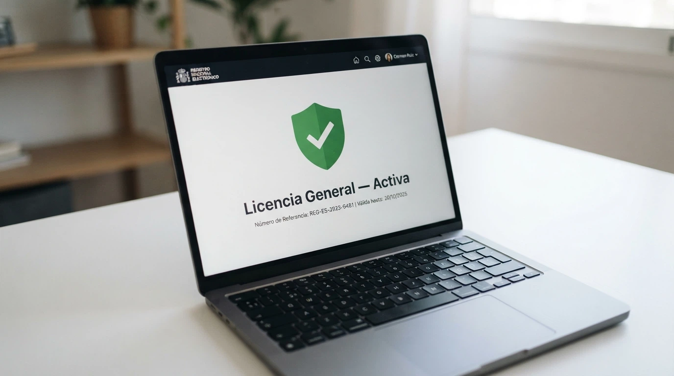 Pantalla del registro público de licencias de la DGOJ (ordenacionjuego.es) con el sello de una licencia general activa