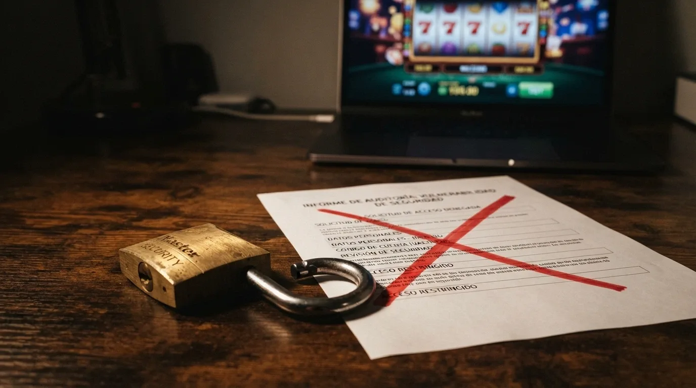 Un candado abierto junto a un documento con el sello de la DGOJ tachado en rojo, sobre un escritorio con una pantalla de casino al fondo