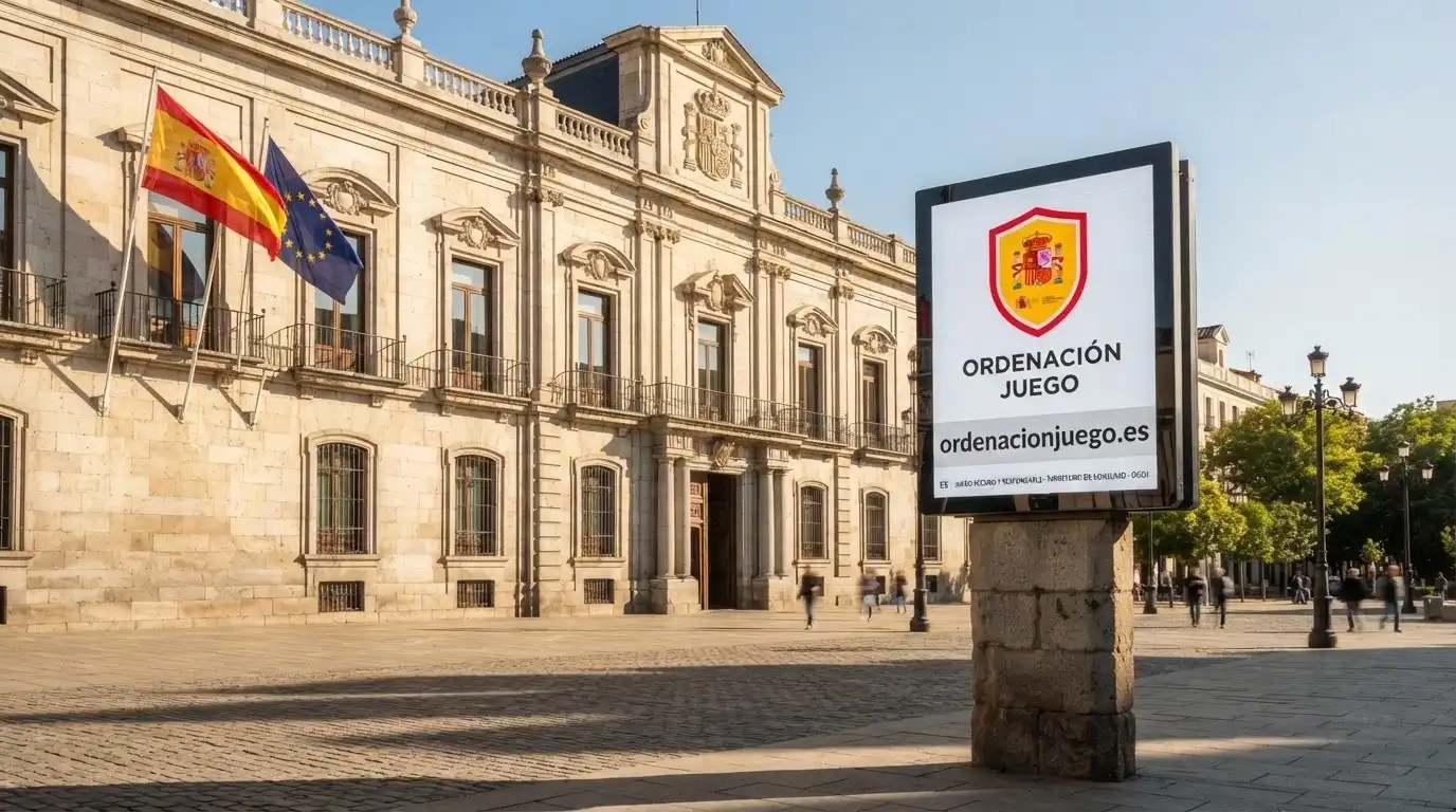 La fachada de un edificio institucional español con la bandera de España y de la UE, junto a una pantalla mostrando el logo de la DGOJ y el dominio ordenacionjuego.es