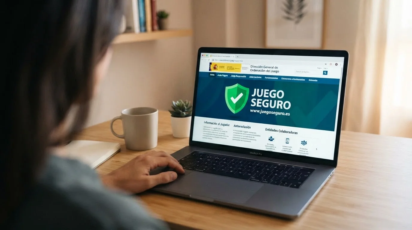 Pantalla del buscador de licencias de la DGOJ en ordenacionjuego.es, con el sello de Juego Seguro y el dominio .es visibles en la barra de direcciones